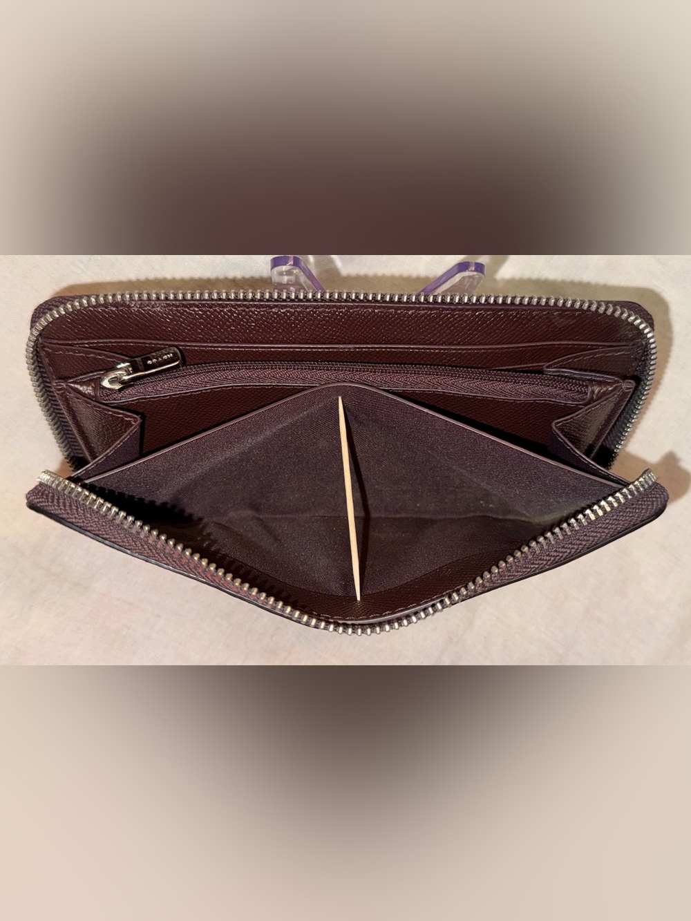 Coach Plum Zip-Around Saffiano Leather Wallet with Front Card Slot - Picture 12 of 15